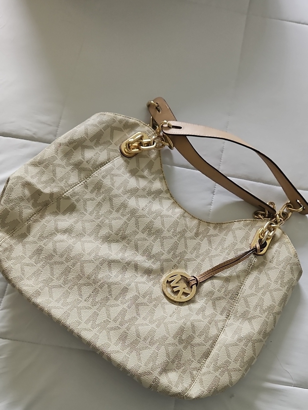 Michael Kors Cream Monogram Hobo Shoulder Bag with Tan Straps